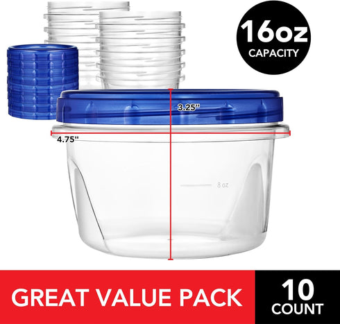 Stock Your Home 16oz Plastic Containers with Twist Top Lids (10 Pack), 2 Cup Freezer Containers with Lids for Leftover Food, Airtight Reusable Soup Containers with Lids, Microwave and Dishwasher Safe