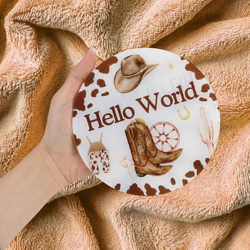 Acrylic Baby Birth Announcement Sign with Stand, Western Cowboy Theme Double-Sided Newborn Name Board, Hello World