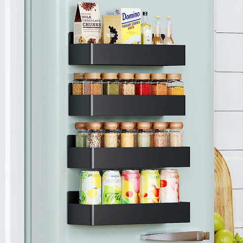 Magnetic Spice Rack for Refrigerator, Kitchen Organizer and Storage Shelf, Black (4 Pack)