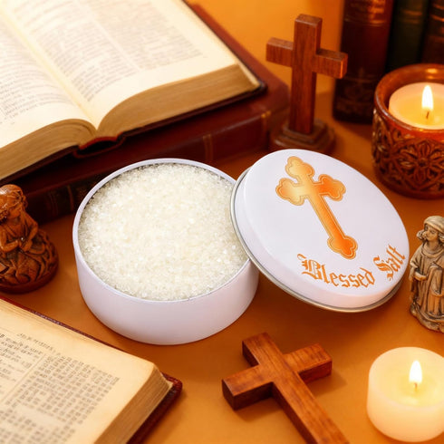 Reallnaive Blessed Salt Cellar Holy Salt Container with Gold Cross Religious Gift Catholic Sacrament Box for Christians
