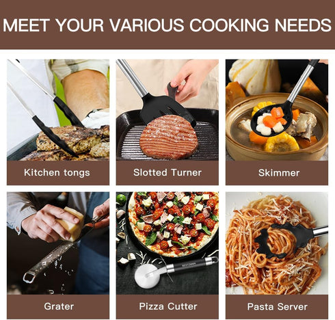 Kitchen Utensils Set, 32 pcs Non-Stick Silicone Cooking Utensils with Holder and Stainless Steel Handle