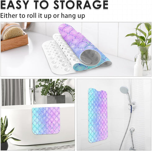 Culudea 40X16 Inch Pink Blue Mermaid Bathtub Shower Mat Fish Underwater Sea Non-Slip Tub Extra Long Bath Floor Machine