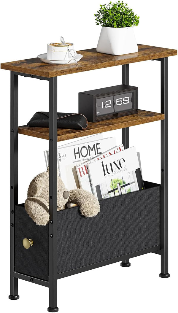 Narrow Small Side Table, End Table with 1 Fabric Drawer and Storage