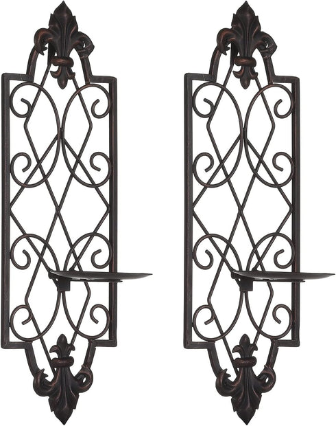 Set of 2 Metal Wall Sconce Candle Holders, Fleur De Lis Detailed