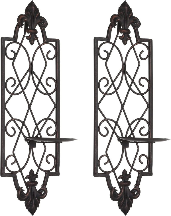 Set of 2 Metal Wall Sconce Candle Holders, Fleur De Lis Detailed