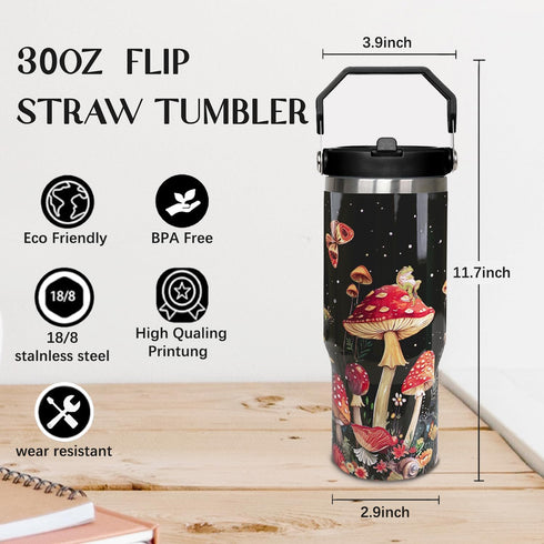 HOWSEESNOW 30oz Mushroom Tumbler with Handle and Straw, Mushroom Insulated Leak Proof Travel Coffee Mug, Reusable