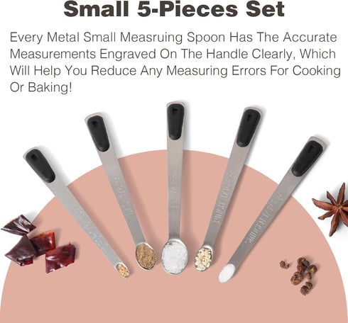 Measuring Spoons Set of 5, Tiny Stainless Steel Measuring Spoons with Black Silicone Handle for Dry or Liquid