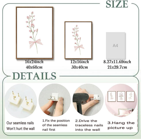 SongZest 3 12x16in Piece Pink Floral Framed Wall Art Boho Flower Nursery Canvas Art Prints Wildflower Bow Pictures Wall
