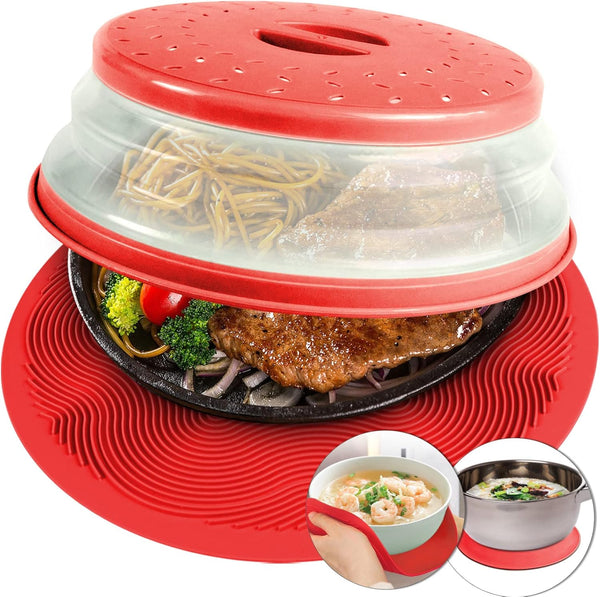 2 in 1 Aidacom Microwave Mat & Food Cover - 12" Mat as Bowl Holder, Silicone Trivet, Pot Holders, Drying, Baking, Red