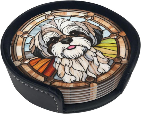 Drink Coaster Set of 6, Shih Tzu Dog Mom Lover Gift,Leather Drink