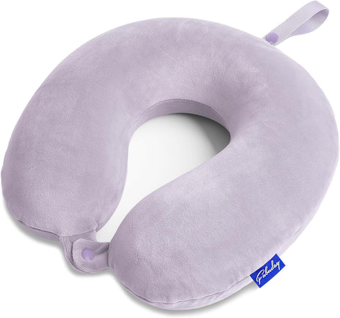 Travel Pillow Memory Foam for Airplanes - Neck Pillow for Traveling with Attachable Snap Strap (Gray Purple)