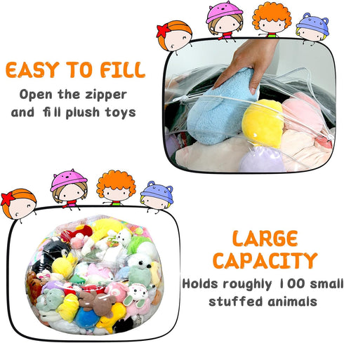 Clear Stuffed Animal Storage Bean Bag Chair Cover for Kids, Extra Large Waterparoof Beanbag Chair Cover with Zipper