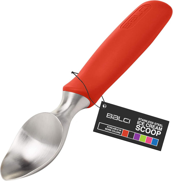 BALCI Ice Cream Scoop - Heavy Duty Stainless Steel Ice Cream Scooper with Non-Slip Rubber Grip, Dishwasher Safe, Red