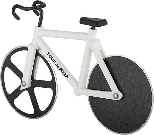 TOUR de PIZZA Bicycle Pizza Cutter - Dual Non-Stick Stainless Steel Cutting Wheels - Dishwasher Safe with Display Stand