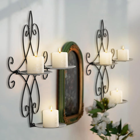 Set 2, 14.4"11.8" Wall Candle Sconce Holder of Metal Wall Sconces Decor Hanging Wall Mounted Candle Stick Holder, Black