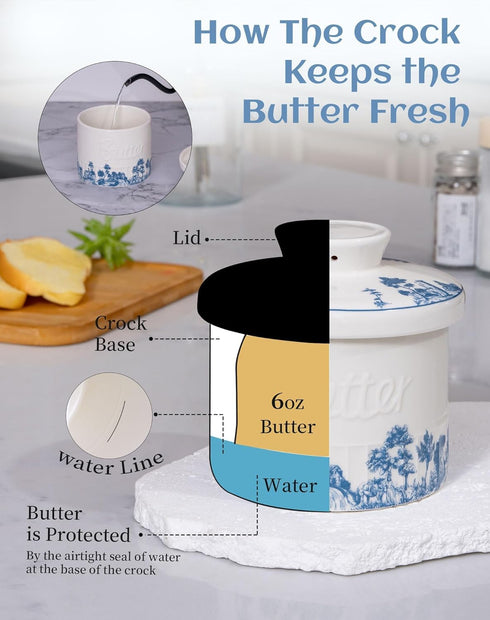 Counter,Blue 6.7 oz TEATALK Vintage Boho Butter Crock - French Ceramic Butter Keeper for and White Porcelain Butter