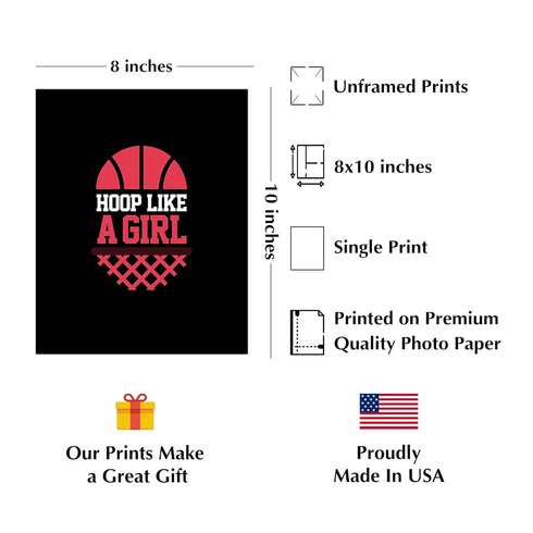 Hoop Like A Girl - Funny Wall Decor Print, Girl's Basketball Quotes Wall Art for Locker Room Decor