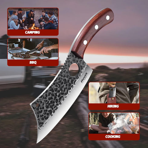 Huusk Japan Viking Knife with Sheath, Hand Forged Meat Cleaver, Full Tang Boning Knife for Outdoor Cooking