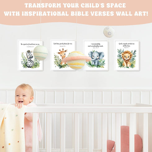 LARTSFRO 10x8 Inch Set 4 Woodland Nursery Animals Bible Verse Decor Wall Art Prints Poster, Cute Baby Forest Nursery