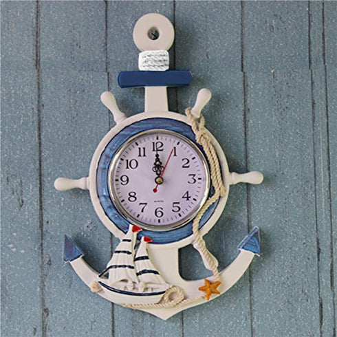 Nautical Wheel Rudder Steering Wheel Decor, Mediterranean Style Anchor Clock Beach Sea Theme Wall Hanging Decoration