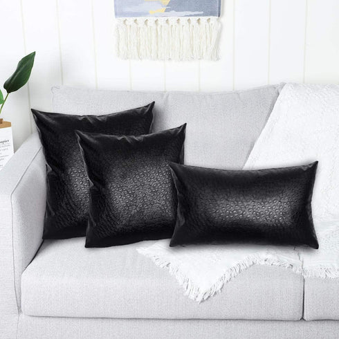 Black Ostrich Skin Faux Leather Pillow Cover, Decorative Modern Throw Cushion Case 12x20 Inches