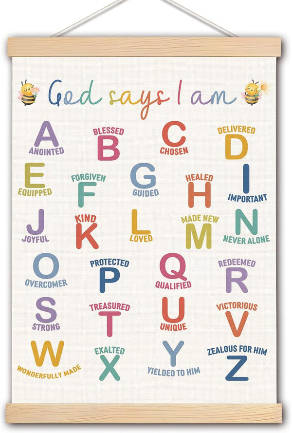 DNEULYR God Says I am Alphabet Christian Wall Art Poster for Kids, Bible