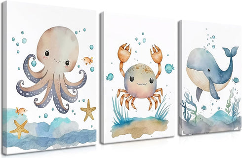 Ocean Nursery Wall Art Set of 3, Sea Animal Baby Boys Room