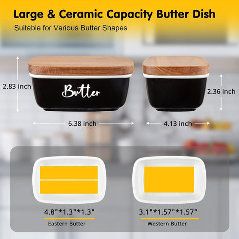Countertop, Counter Black Butter Dish, ALELION Large Ceramic Butter Dish with Lid for Butter Keeper Container