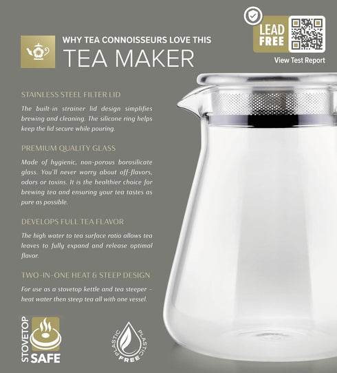 2-in-1 (40 Oz) Teabloom One-Touch Tea Maker, Teapot and Kettle with Stainless Steel Filter Lid for Loose Tea Stain-Free