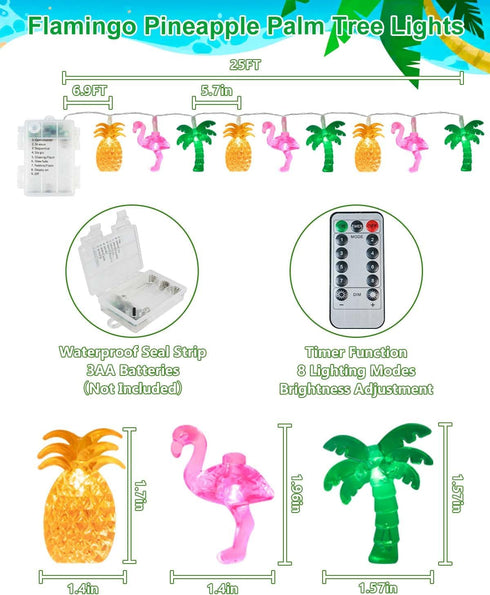 50 25ft Summer 8 LED Hawaiian Beach String Lights Outdoor with Remote, Flamingo Pineapple Palm Tree Fairy Twinkle