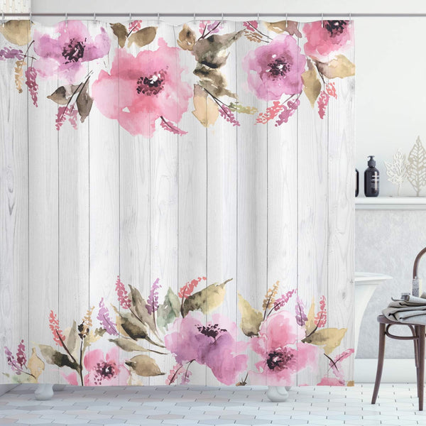 Ambesonne Farmhouse Shower Curtain, Watercolor Classic Geranium Petals, Cloth Fabric Bathroom Decor Set