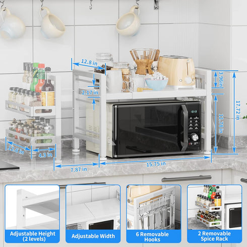 Adjustable Over the Microwave Shelf, 2 Tier Microwave Rack with Spice Organizer and Hooks for Kitchen, White