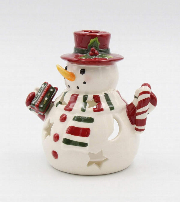 Fine Ceramic Snowman Tea Light Candle Holder Wearing Scarf, 5-1/2" H