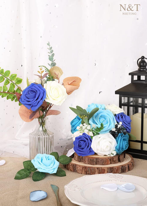 N&T NIETING Blue Roses Artificial Flowers, 25pcs Fake Flowers for DIY Wedding, Bridal Bouquets, Home Decoration