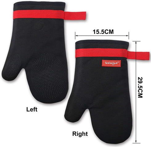 Silicone Oven Mitts - Magnetic Heat Resistant Kitchen Mitts, Black Cotton Anti-Slip for Cooking, Baking, Grilling