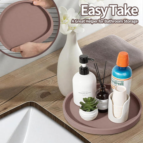 NIUnie 9" Countertop Silicone Bathroom Tray, Round Reddish Brown Vanity Organizer Decorative Tray for Soap, Candle