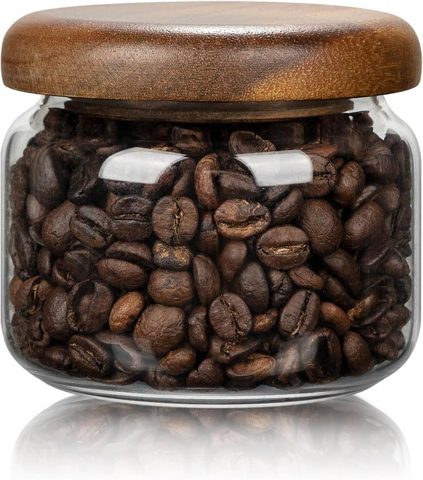 1 PC Small Glass Storage Jar with Airtight Lid, 10 fl oz (300ml) Coffee Container with Wooden Lid
