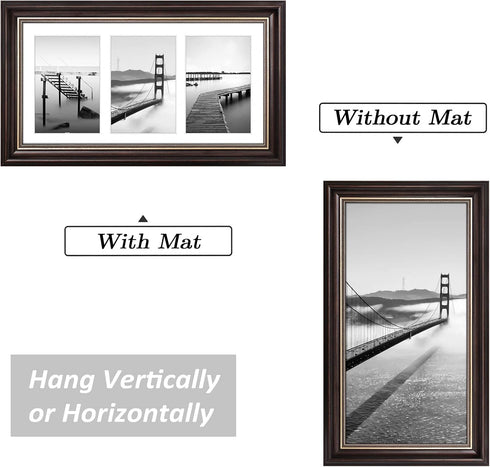 Space Art Deco 7x14 Collage Picture Frame with 3 Openings for Three 4x6 Photos or 7x14 Prints, Dark Brown/Ornate Gold