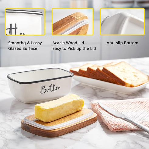 Countertop, Butter Dish with Lid, ALELION Large Ceramic Butter Dish for Butter Keeper with Thick Acacia Wood Lid