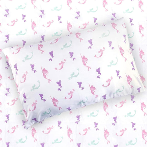3-Piece Multicolored Mermaid Sheet Set for Kids & Girls, 1 Twin Flat Sheet, 1 Twin Fitted Sheet & 1 Queen Pillowcase