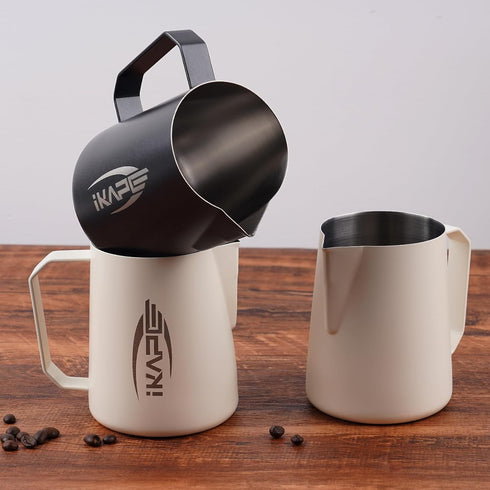 IKAPE 600ml Milk Frothing Pitcher, Stainless Steel Steaming Pitchers for Cappuccino Latte Art, 20 oz, Black