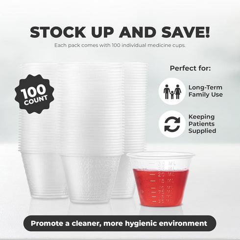 Graduated 1 oz Plastic Medicine Cups, Clear Containers for Medications, Disposable or Reusable, 100 Count