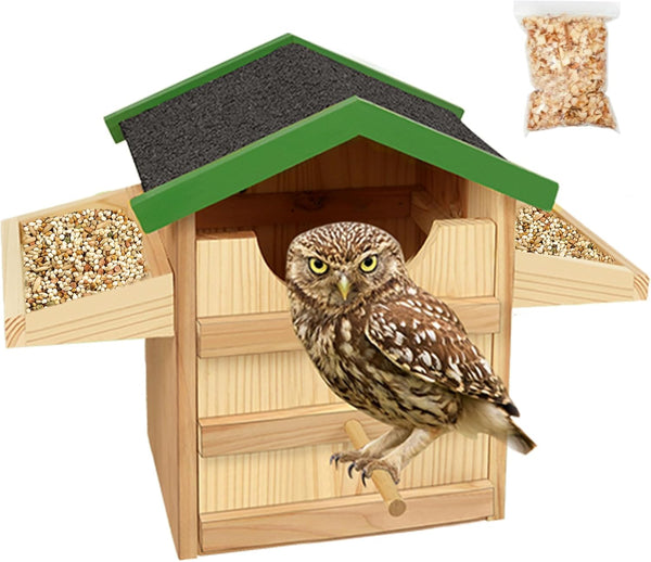 VORA Owl House, Wooden Bird House with Food Rack, 9 Inches Large Handmade