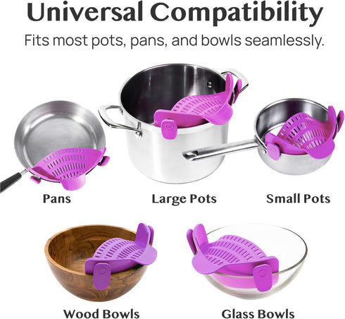 Kitchen Gizmo Snap N Strain Pot and Pasta Strainer - Adjustable Silicone Clip On Strainer for Pots, Pans, Bowls, Purple