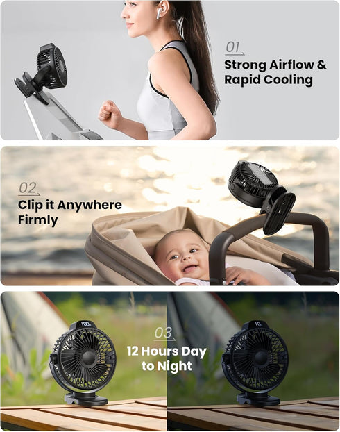 Koonie Portable Clip On Fan, Small USB Fan Battery Operated, 3 Speed Rechargeable Mini Fan With LED Display, 360° Rotate Personal Cooling Desk Fan for Stroller Travel Camping Golf Gym by Koonie