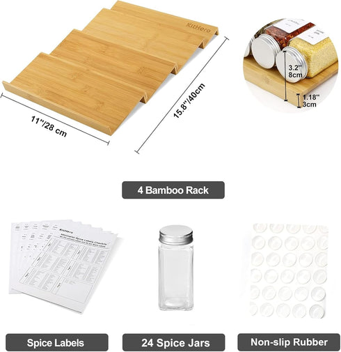 24 Jars,216 Labels,25 4 Drawers,Cabinets,Countertop,11" 15.8" Spice Drawer Organizer with Spice Non-slip Rubber, Bamboo