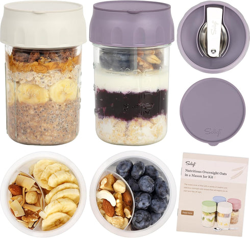 SOLIGT 2 Pack Overnight Oats Containers with Lids, Folding Spoons and Divided