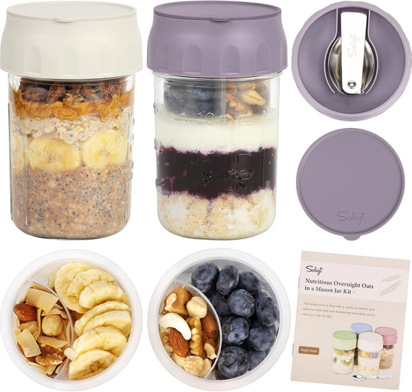 SOLIGT 2 Pack Overnight Oats Containers with Lids, Folding Spoons and Divided
