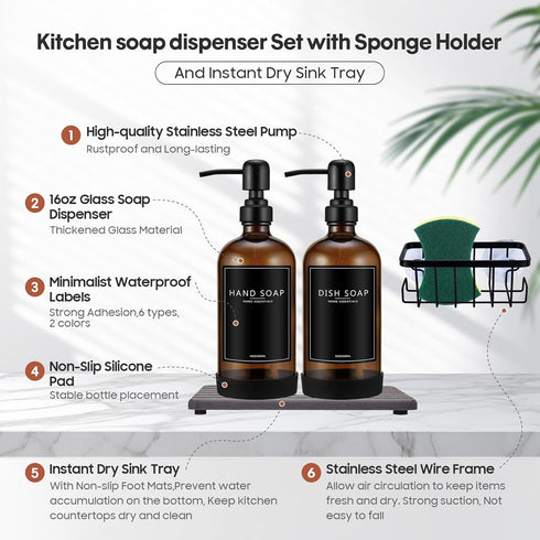 NEECZS Set Holder,16 Oz Set,Stainless Kitchen Soap Dispenser with Instant Dry Tray & Sponge Hand and Dish Soap Amber