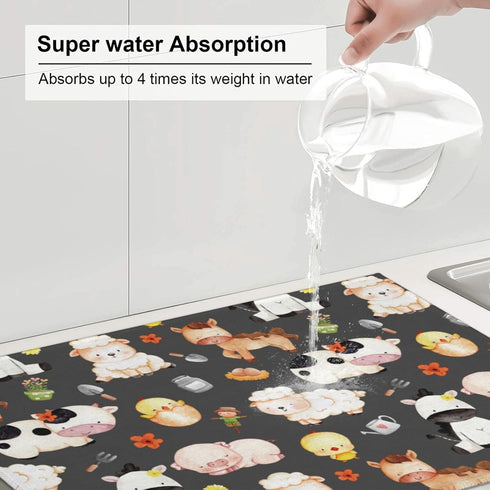 Farm Animal Dish Drying Mat for Kitchen Counter, Cute Microfiber Absorbent Reversible Drainer Rack Pad, 18 x 24 Inch